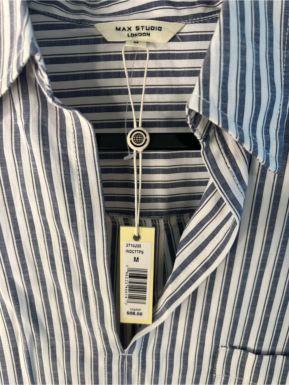 Max Studio Blue and White Vertical Stripe Casual Button-Down Shirt - Picture 4 of 6